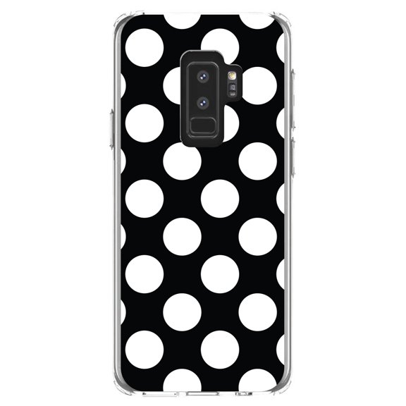 DistinctInk Clear Shockproof Hybrid Case for Samsung Galaxy S9  PLUS (6.2" Screen) - TPU Bumper, Acrylic Back, Tempered Glass Screen Protector - White & Black Polka Dots