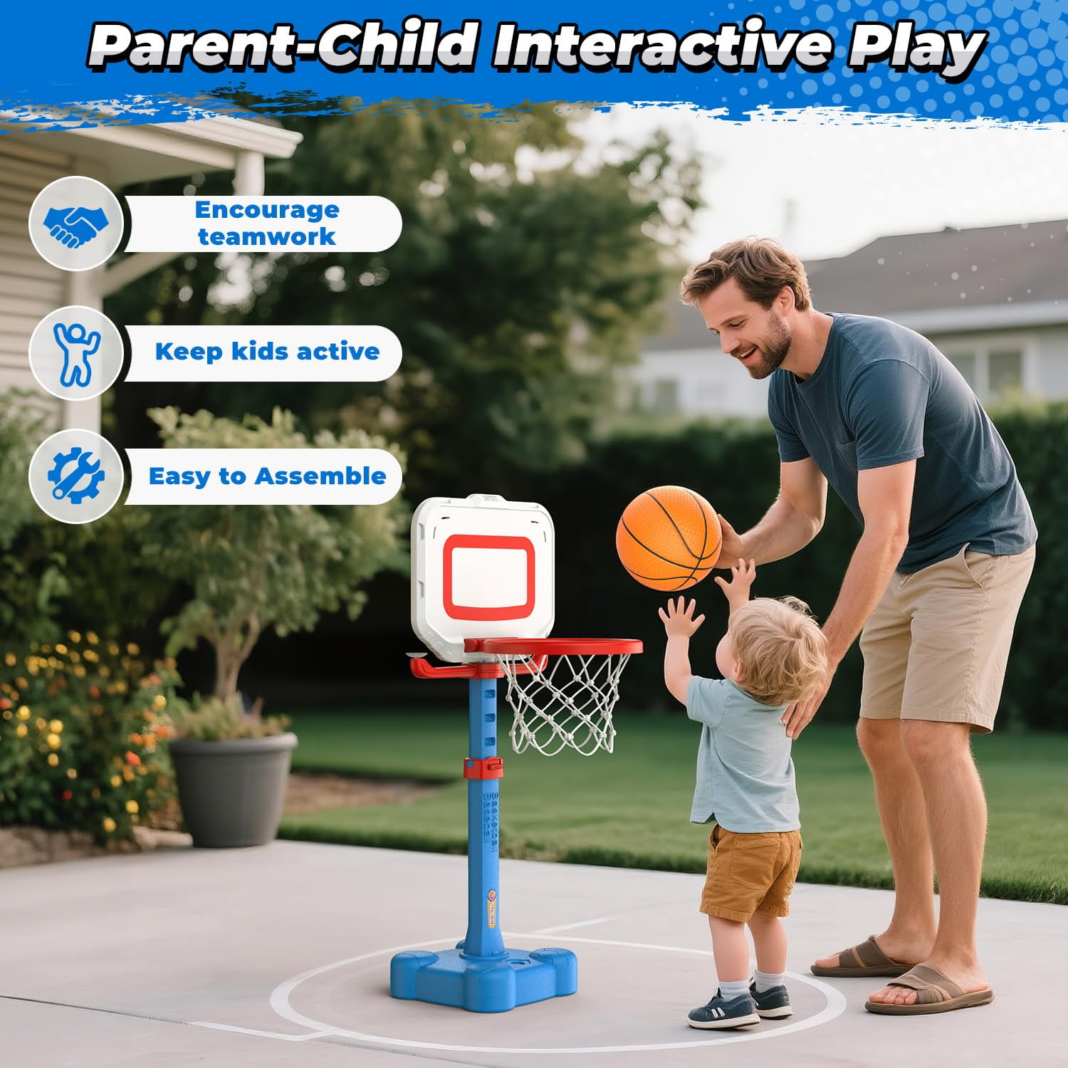 Lenbar 4-in-1 Toddler Basketball Hoop and T-Ball Set with Ring Toss Game, Adjustable Height, Indoor Outdoor Sports Toy for Boys and Girls Ages 3-8