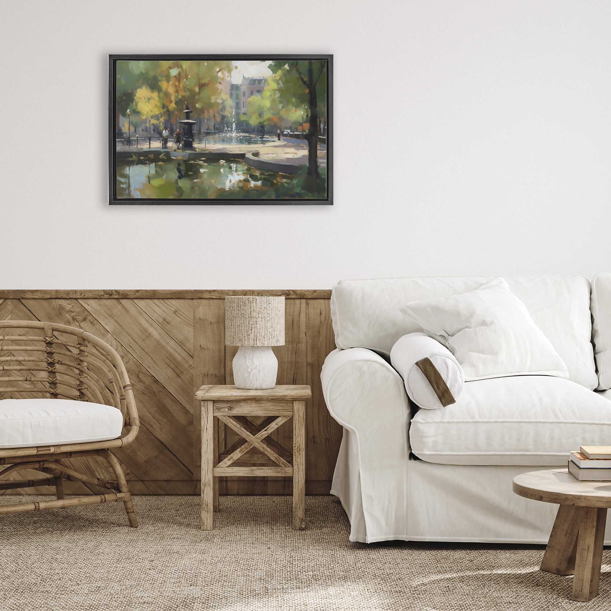 Stupell Industries Autumn Reflections at Park Fountain Black Framed Floater Canvas Wall Art, design by Creative Studio