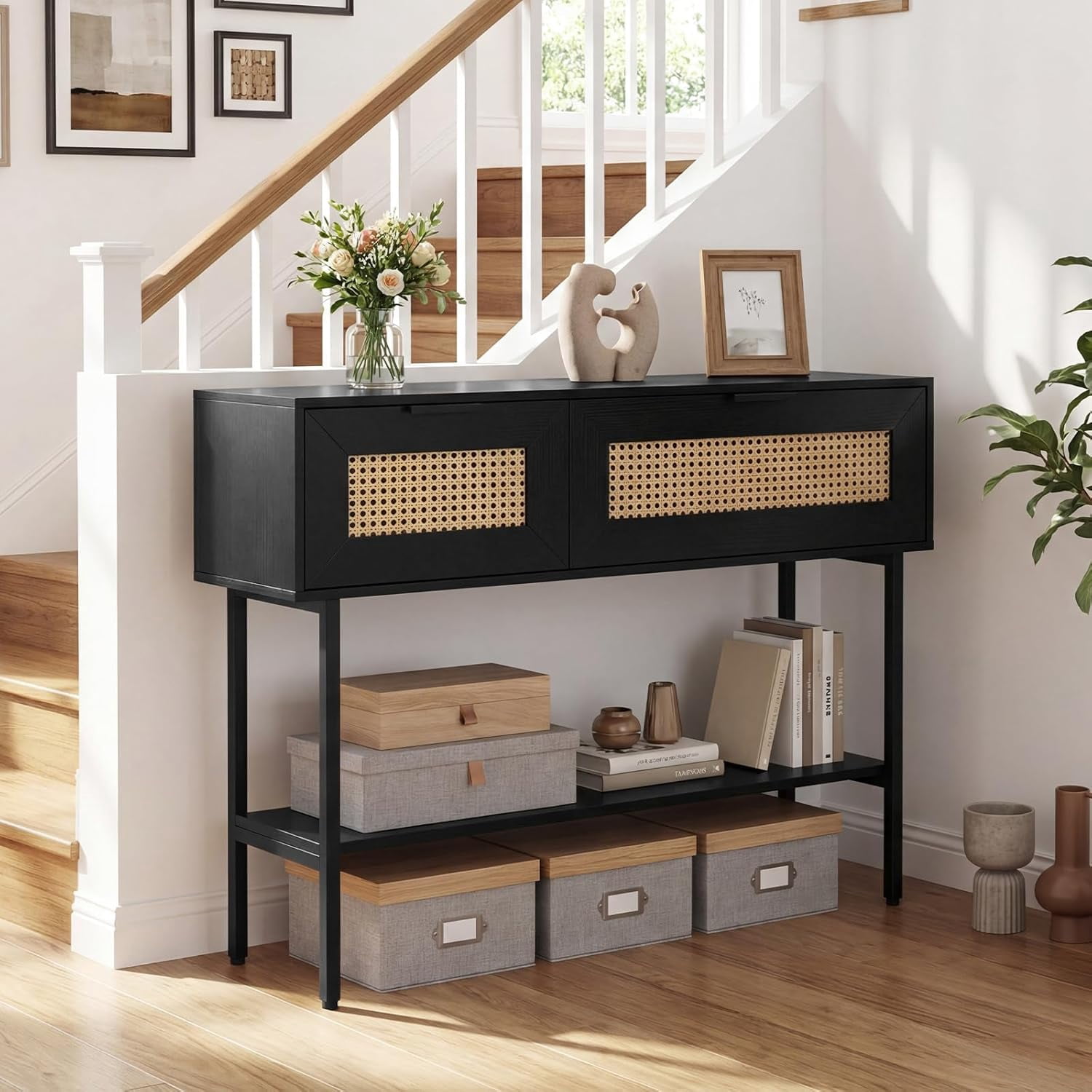 WBTER 40” Rattan Console Table, Narrow Long Entryway Table with Storage Shelf, 2 Flip Door Cabinets, Metal Frame, Boho, Farmhouse Behind Couch Sofa Tables for Living Room, Hallway (Black)