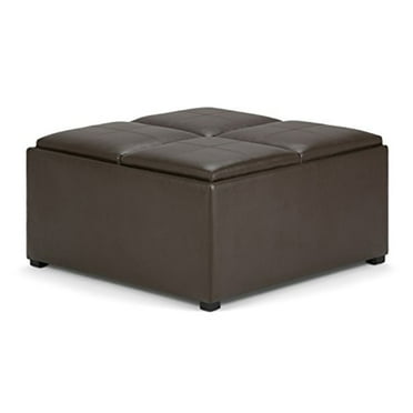 Simpli Home Avalon Square Faux Leather Ottoman in Chocolate Brown