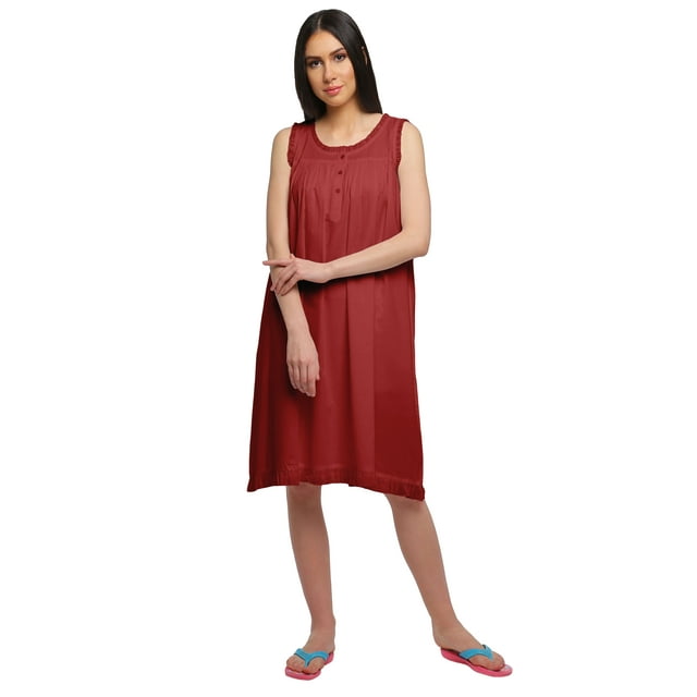 Moomaya Cotton A-Line Sleepwear For Ladies Round Neck Button Placket Nightdress