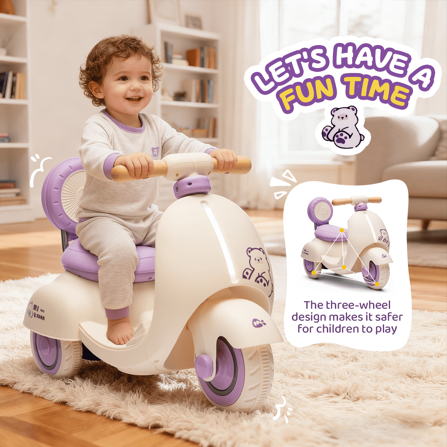Track Seven 12V Ride on Motorcycle, 3-Wheel Toddler Electrc Scooter with Remote Control, Bluetooth, Wide Seat, Wooden Handle, Slow Start, Electric Motorycle for Boys Girls Aged 1-3 Years, Purple