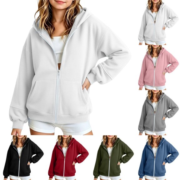 Girls Solid Fleece Zip Up Hoodie Jacket, Casual Long Sleeve Hooded Sweatshirt Coat, Soft Warm Outerwear for Kids Autumn Winter School Daily Leisure Wear(White,7-9 Years)
