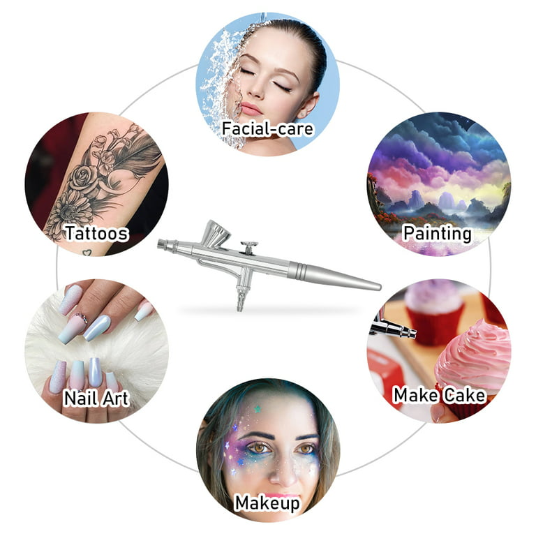Pinkiou Dual Action Airbrush Makeup Kit 0.4mm Needle Air Brush Spray Gun  Body Paint Makeup Nail Aerograph Painting Tattoo (Silver) 