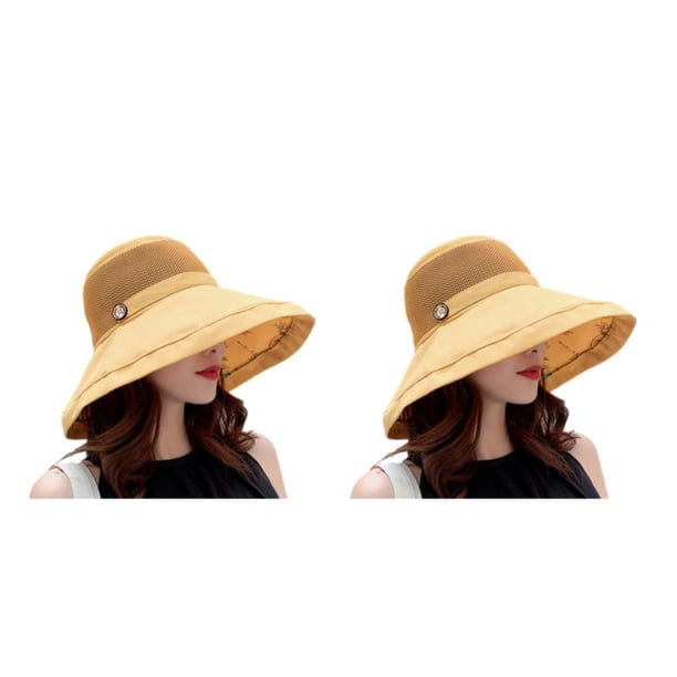 Minnieouse Sombrero para el sol con hebilla Sombreros de pescador plegables Protector de gorra ancha de malla Transpirable de moda al aire libre Amarillo tamaño libre 2piezas