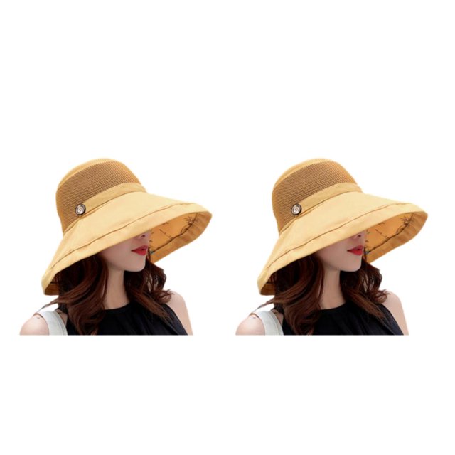 Qarigey Sombrero de sol para mujer con hebilla Sombreros de pescador Gorra de ala ancha de malla Protector solar Moda para exteriores Sombreros Amarillo tamaño libre 2piezas