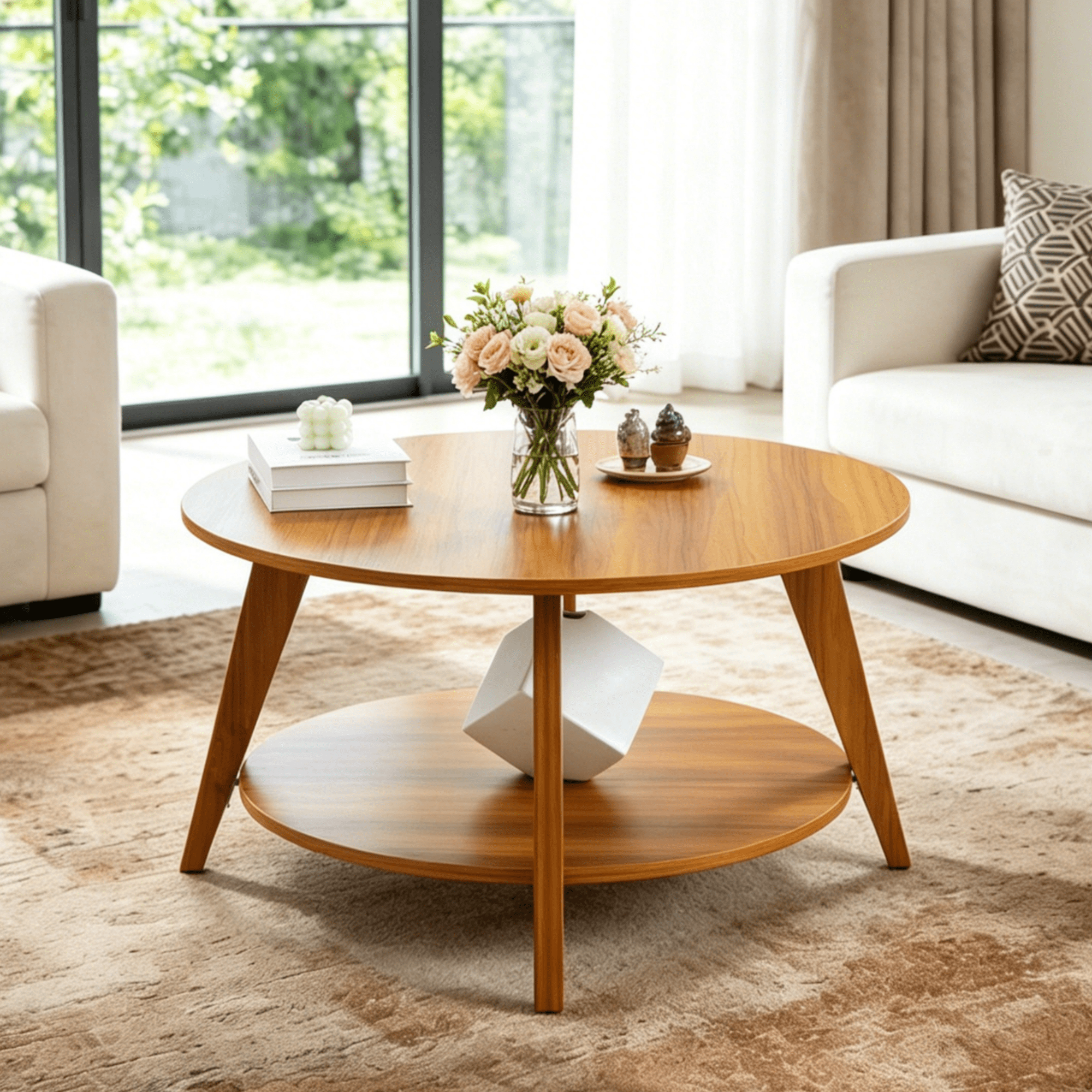 Gewnee 31.5”Round 2-Tier Side Table,Minimalist Walnut Pattern MDF End Table with Bottom Shelf & Non-Slip Adjustable Feet,Easy Assembly for Living Room,Bedroom,Home,Office.