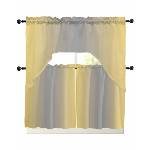 Yellow Gray Ombre Kitchen Curtains Set for Windows 3 Piece Cafe Curtains 24 Inch Length Swag Curtains Valances and Tier Set Modern Gradient Abstract Art Drapes for Bedroom Bathroom Living Room
