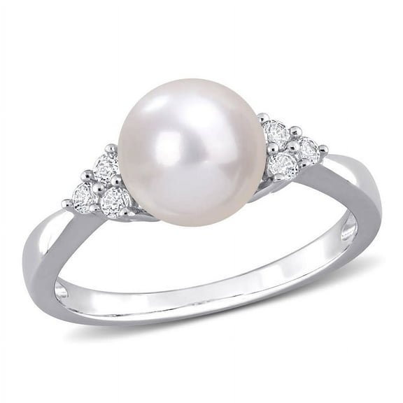 AMOUR 8-8.5mm Cultured Freshwater Pearl and 1/4 CT TGW White Topaz Ring In Sterling Silver