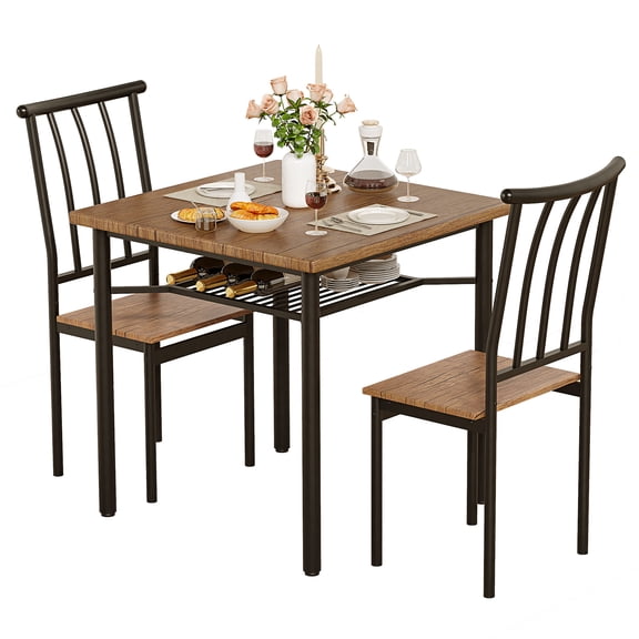 Yesurprise 3 Piece Dining Table Set Kitchen Table and Chairs for 2 Metal and Wood Kitchen Table Set with Chairs Square Dining Room Table Set with Wine Rack for Small Space Apartment Rustic Brown