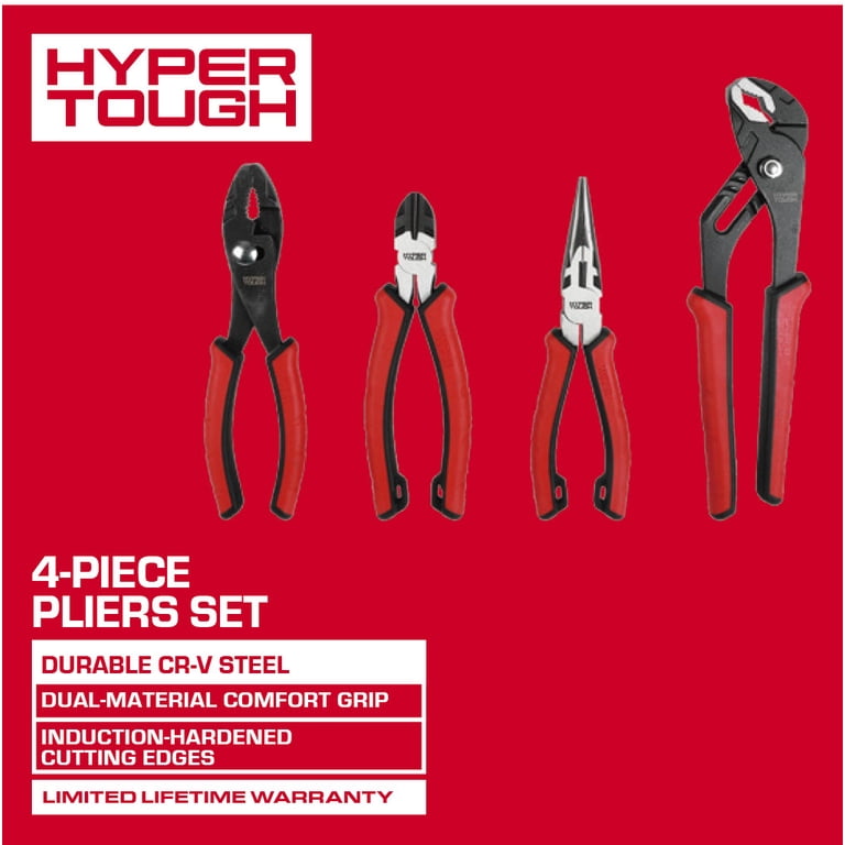 Hyper Tough 4-Piece CR-V Pliers Set with Dual Material Comfort
