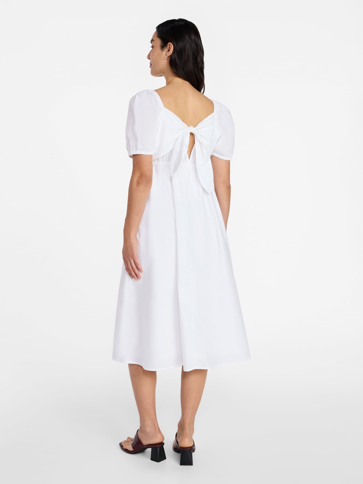 Time and Tru Women's and Women's Plus Cotton Back Tie Midi Dress with Short Puff Sleeves, Sizes XS-4X