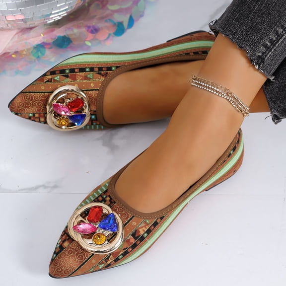 Aueoeo Women's Pointed Toe Flat Shoes Fashionable Casual Ethnic Style Colorful Printed Rhinestone Work Shoes