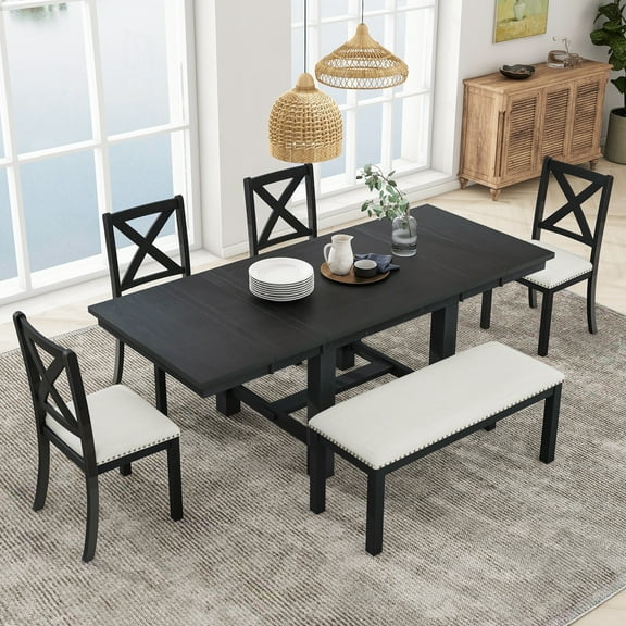 6 Piece Extendable Dining Table Set for 6 Persons, 82in Farmhouse Wood Dining Set with Rectangular Trestle Table and 4 Upholstered Chairs & Bench, Black