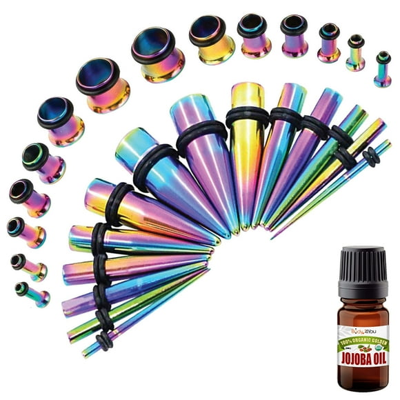 BodyJ4You 29PC Gauges Kit Ear Aftercare Jojoba Oil Wax 12G-0G Rainbow Steel Tunnel Plugs Tapers