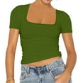 thumbnail image 3 of TQFXJ421SJ Women T-Shirts with Short Sleeve Basic Square Neck Crop Tops Slim Fit Vacation Outfits Trendy Green XL, 3 of 6