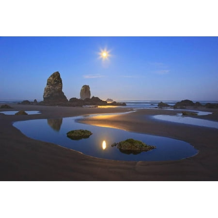 Moon Set over Neadles, Canon Beach, Oregon Coast, Pacific Northwest Print Wall Art By Craig