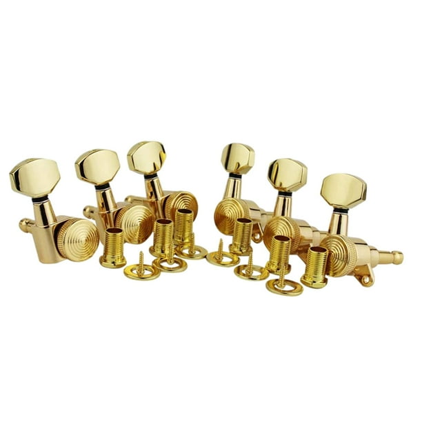 Juego de 6 clavijas de afinación con bloqueo para guitarra 1:18 con tornillo de montaje, orificios para el clavijero de 10 mm y perillas. Dorado 6R