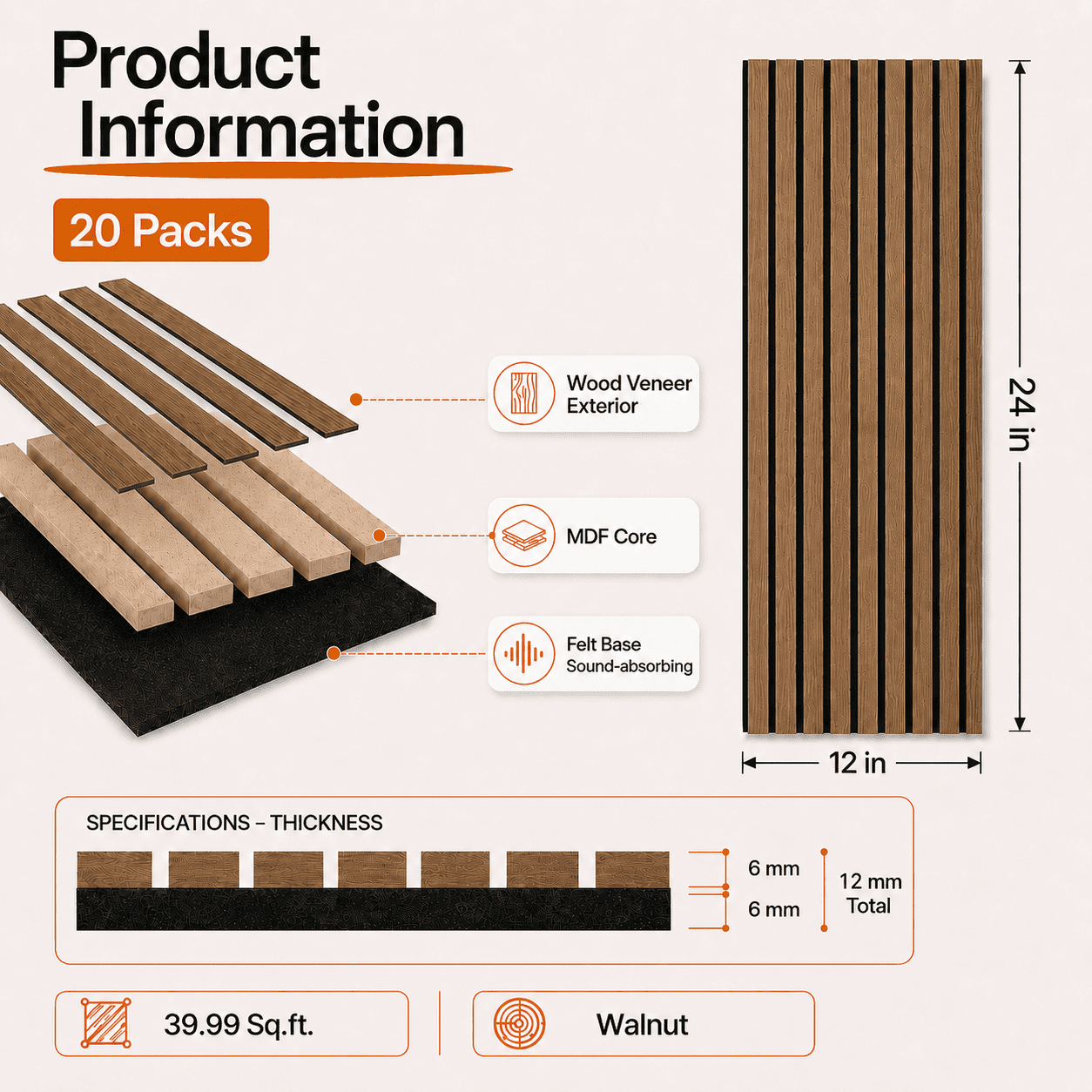20-Pack Wood Slat Acoustic Wall Panels, 24" x 12" MDF Slat Wall Paneling for Modern Interior Wall Decor, Sound Absorbing Accent Panels, 39.99 Sq. Ft.,Walnut