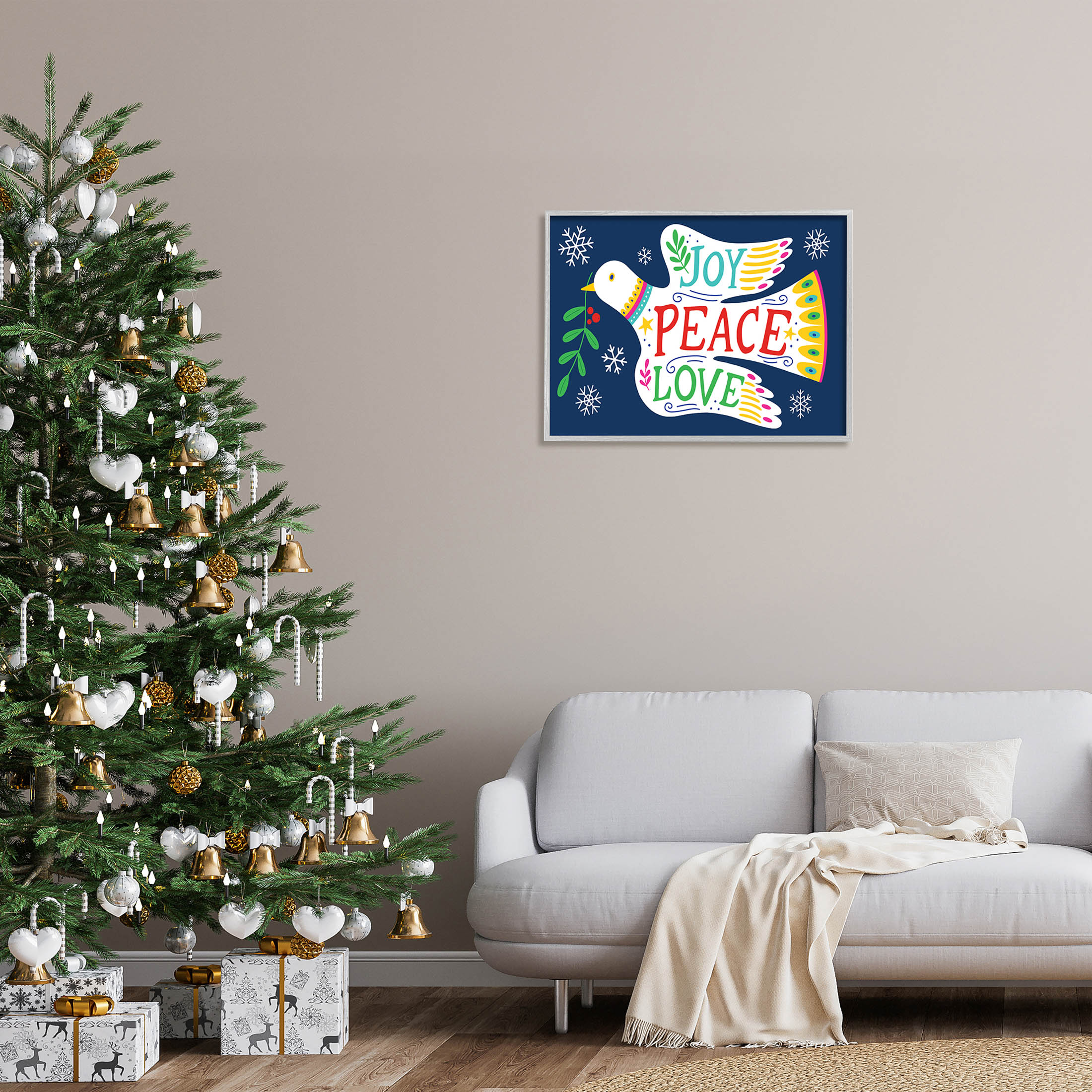 Joy Peace Love Dove Holly Sprig Holiday Graphic Art Gray Framed Art Print Wall Art