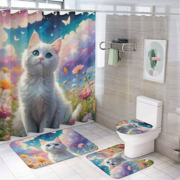 Cute Cat Print Shower Curtain 4-Piece Bathroom Decor Set, Includes Large 72" x 72" Shower Curtain, Toilet Cover Mat, U-Shaped Mat, Non-Slip Floor Mat