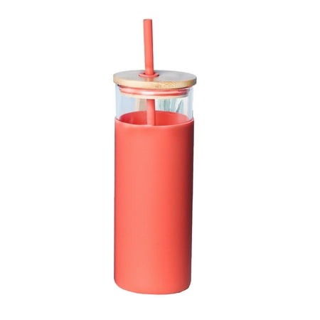 

Silicone Straw Cup with Bamboo Cover High Borosilicate Glass Cup Simple and Convenient Color Straw Cup Red