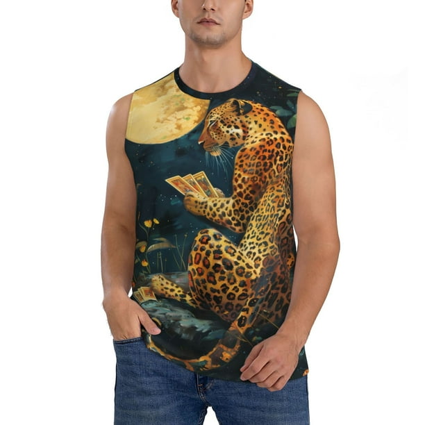 Fotbe Leopard Reading Tarot Cards Men's Camiseta sin Mangas Estampada para Hombres, Playera Casual para Gimnasio, Entrenamiento, Playa-Medium