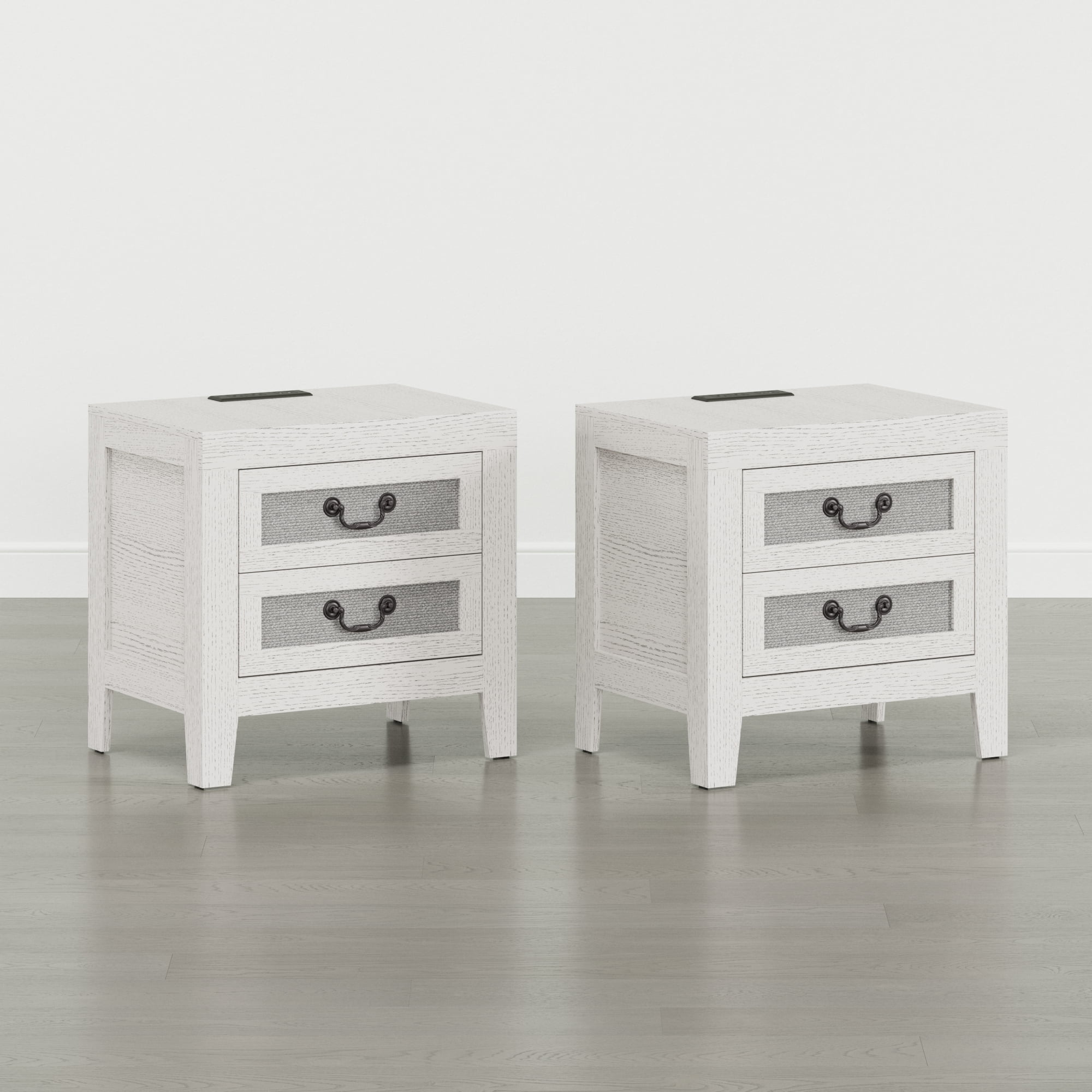 Spruce & Spring Modern Transitional Nightstands Set of 2, 2-Drawer End Tables with Charging Station, Fabric Drawer Front, White Oak Wood Finish