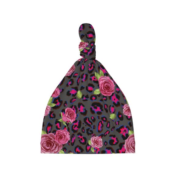 Sikiie Rose Mix Leopard 2 Baby Newborn Hats, Infant Knotted Baby Hat, Beanie Top Knot Caps for Baby Boys Girls