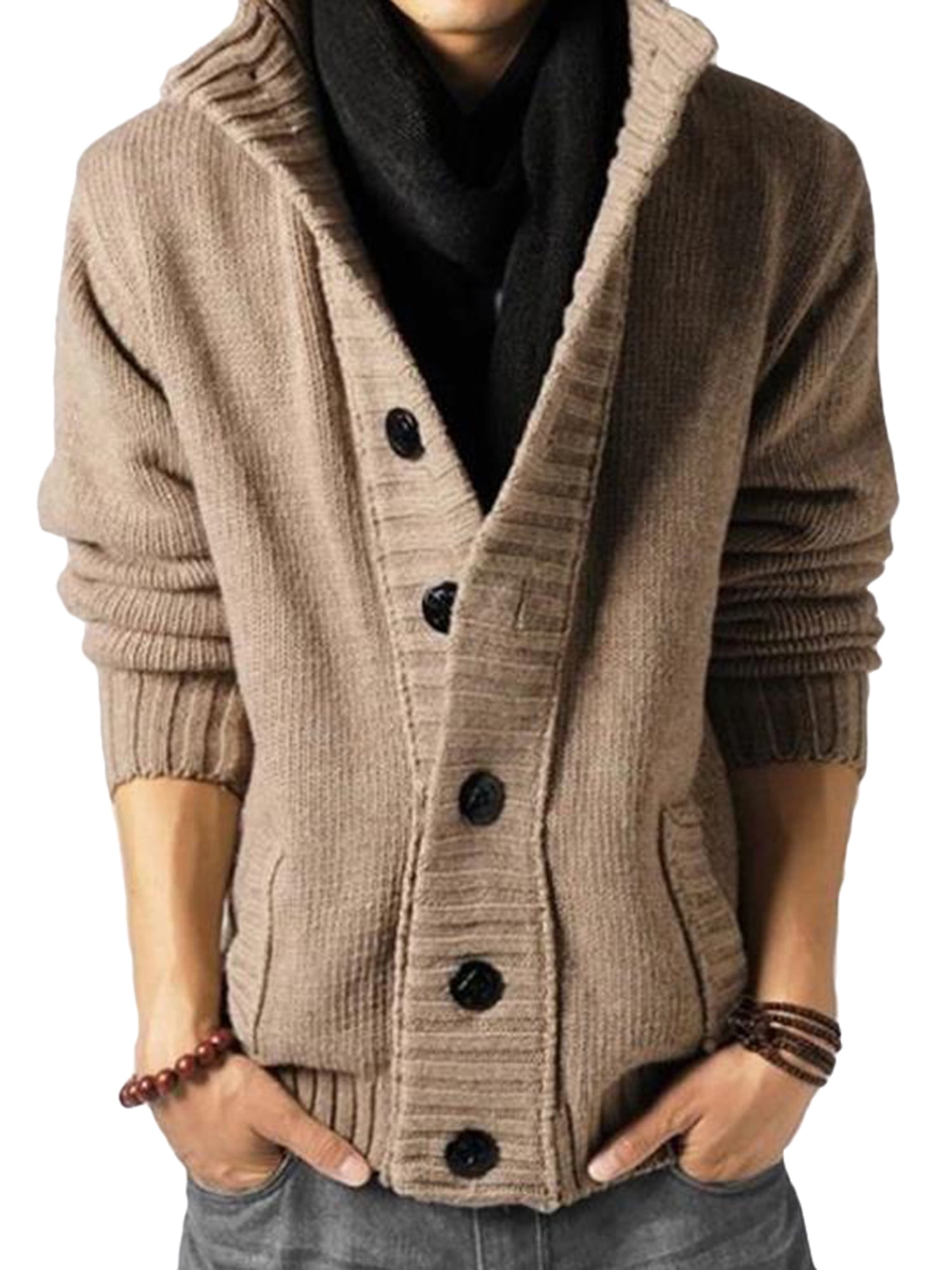 Mens Button Closure Hooded Sweatershirt Contrast Color Slim Fit Cardigan 