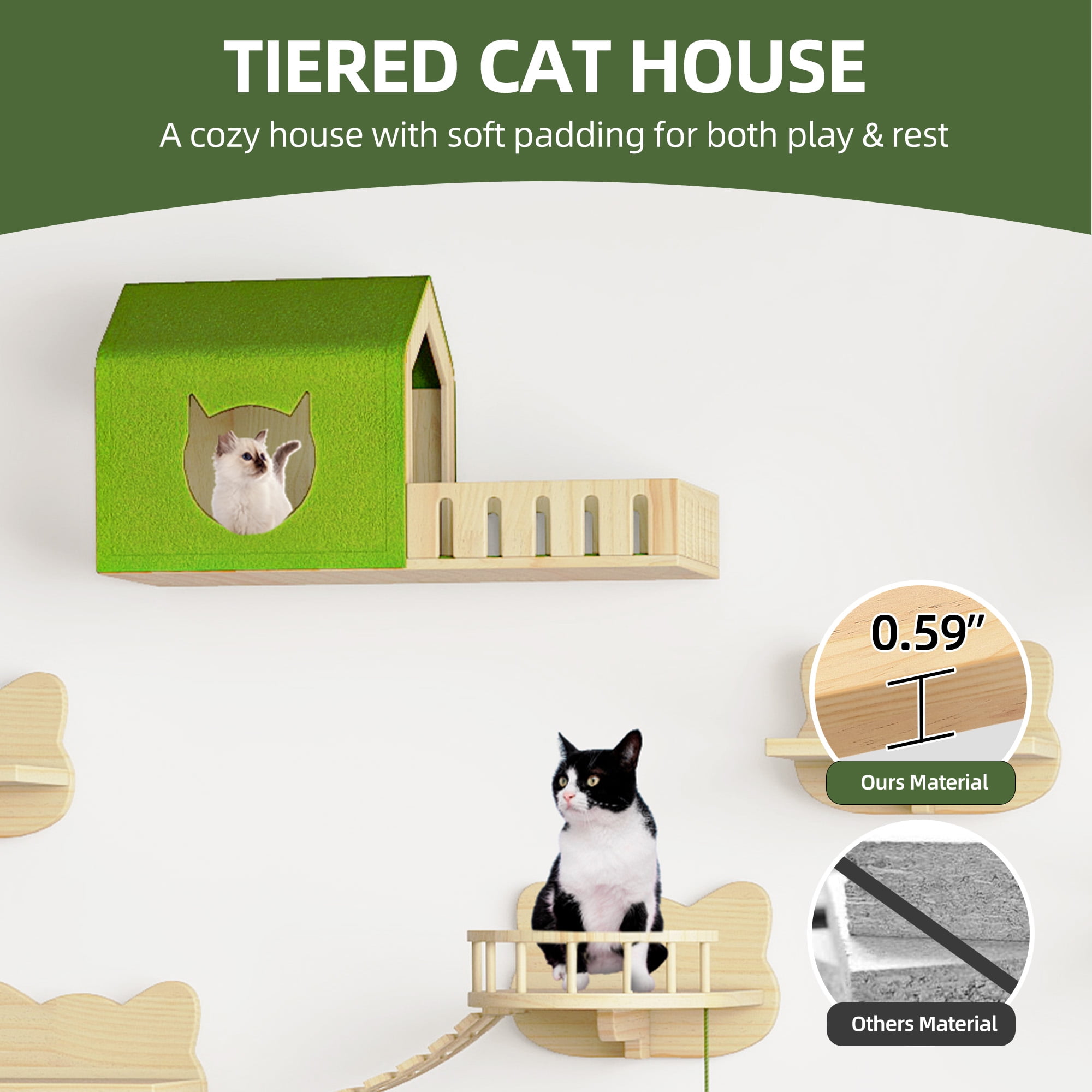 Uforic Cat Wall Shelves and Perches, Wooden Wall-Mounted Cat Furniture Set of 16 with 3 Cat House, 7 Shelves, 2 Sisal Posts & Hanging Balls for Indoor, Green & Wood