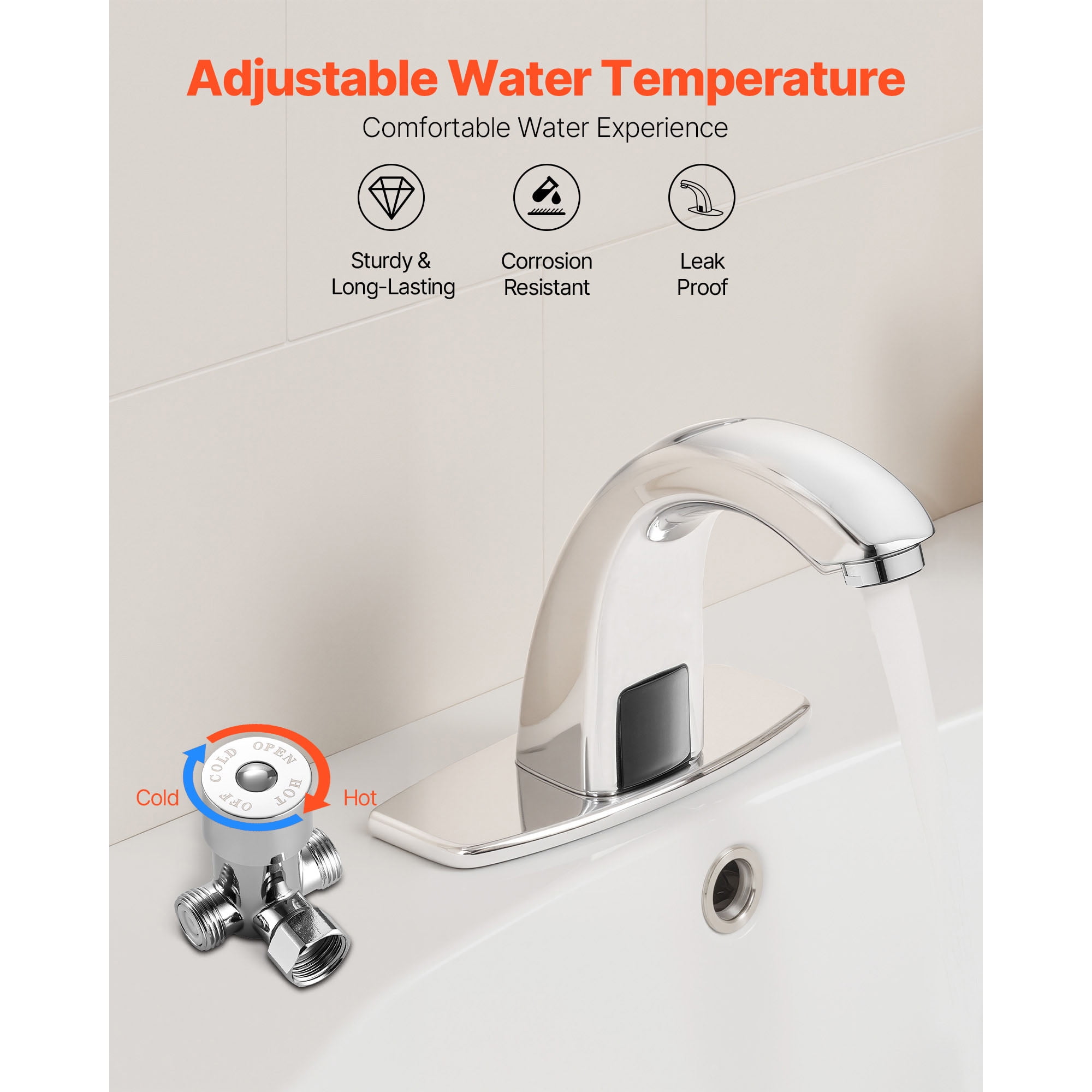 KFFKFF Touchless Bathroom Sink Faucet with Motion Sensor, Automatic Restroom Faucet with Hole Cover Plate, Battery Powered, Adjustable Temperature for 9/16 in Pipe, Chrome Finish