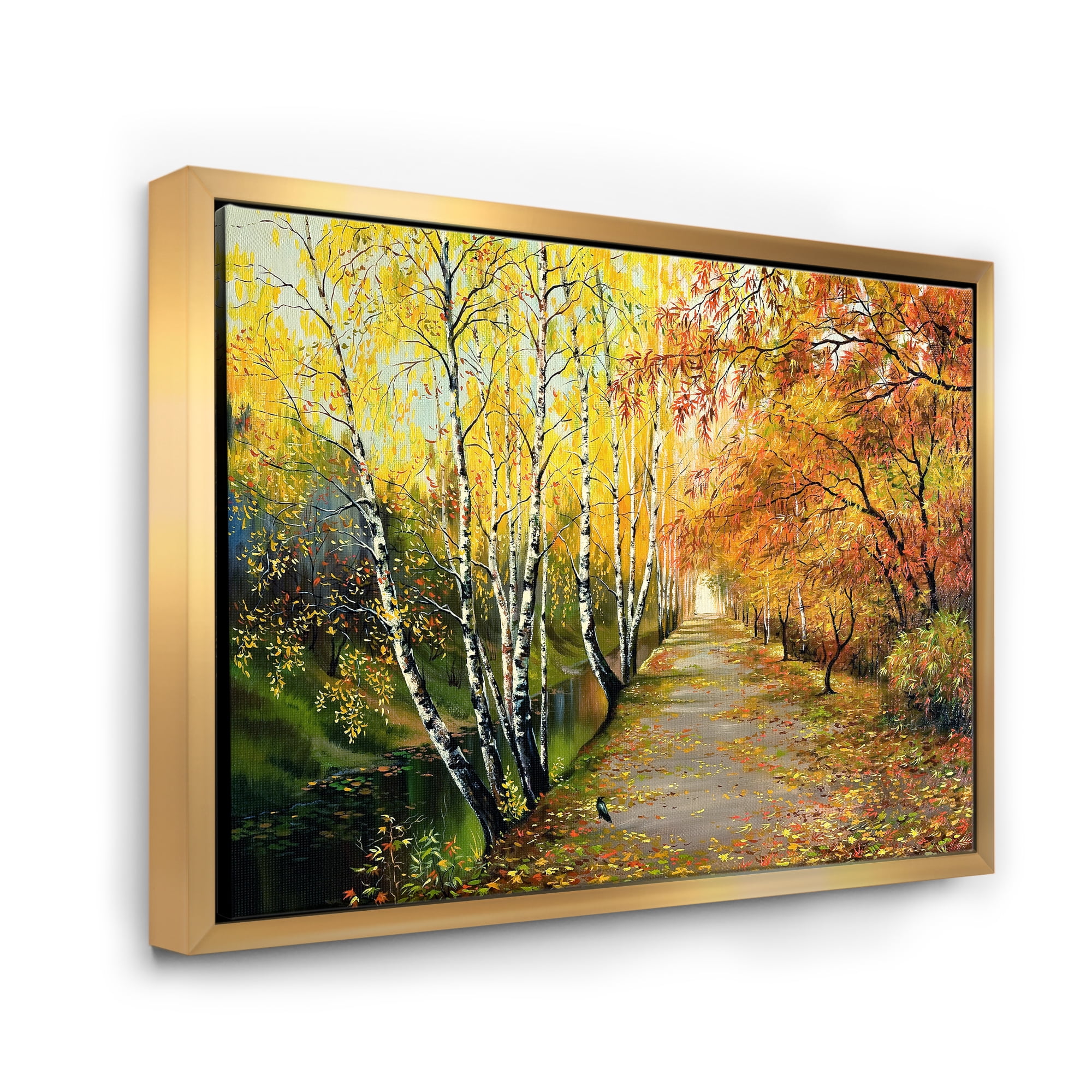 Designart 'Path Through The Autumn Woods Along River' Traditional Framed Canvas Wall Art Print