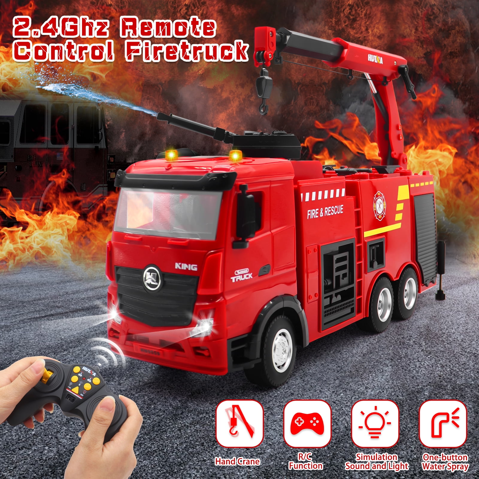 Remote Control Fire Truck, 9 Channel RC Rescue Firetruck with Water Spraying Pump and Lights Sounds, RC Crane RC Truck Toys for Kids Boys Gift