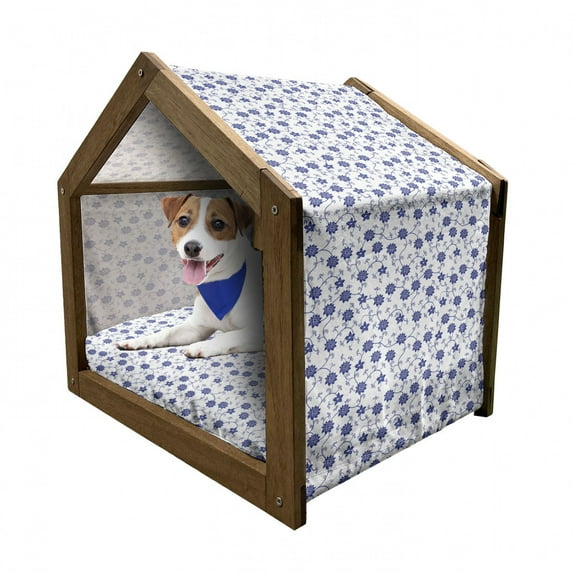 Blue Pet House, Hand Drawn Style Chinese Pattern with Flowers Nature Inspired Vintage, Outdoor & Indoor Portable Dog Kennel with Pillow and Cover, 5 Sizes, Violet Blue White, by Ambesonne