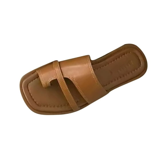 Slide Sandals for Women Flat Toe Ring Square Toe Soft Sole Non Slip Beach Summer Leather Sandals Brown
