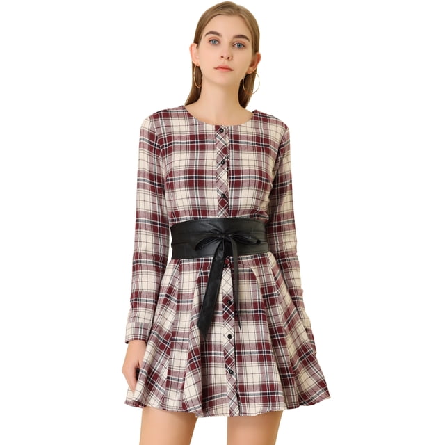 INSPIRE CHIC Robe Chemise Décontractée à Manches Longues Imprimé à Carreaux Ceinturée Ligne A pour Femmes