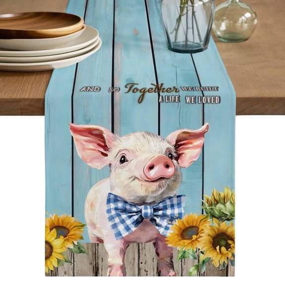 Table Runner 72 Inches Long for Kitchen Dining, Cute Pig Dresser Scarf Farmhouse, Dining Table Decorations for Wedding/Parties, Yellow Sunflowers Blue Wooden Vintage Art 13 x 72 In