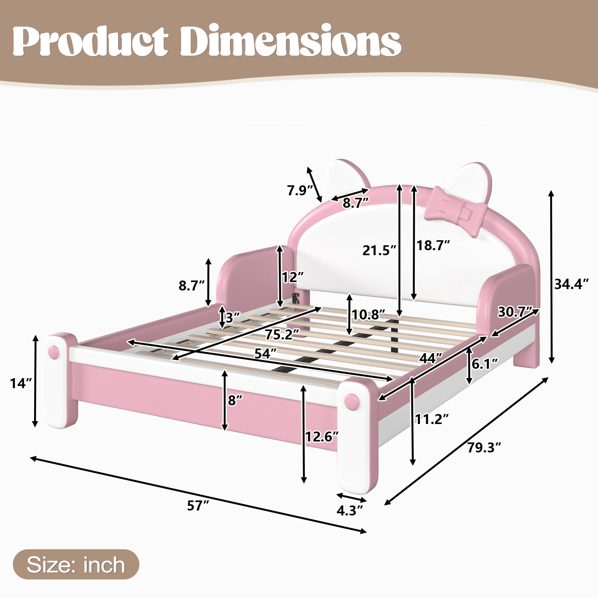 HOQBN Full Size Cute Cat Shaped Upholstered Kids Platform Bed, Princess Style Low Profile Children Bed Frame for Bedroom White & Pink
