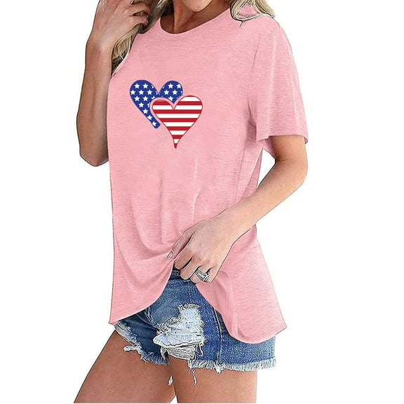 POTETI Ladies 4th of July Shirts Independence Day Holiday Short Sleeve Crew Neck American Flag Print Tunic T-Shirts Tops