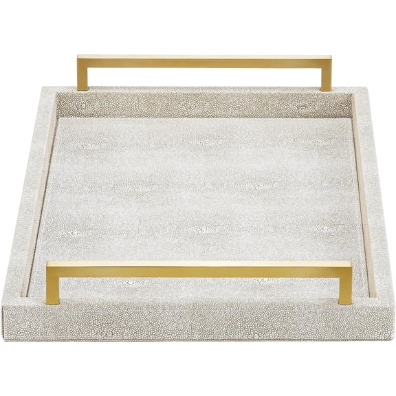 Ivory Shagreen Decorative Tray Large Rectangle Coffee Table Tray for Ottoman Faux Leather Serving Tray with Brushed Gold Handles