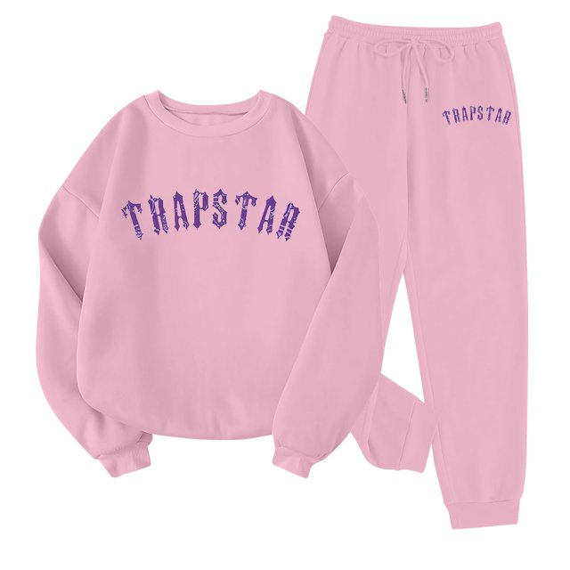 Trapstar Chandails à Col Rond pour Femmes Ensembles Manches Longues Graphiques Chandails pour Femmes Amples Trapstar Style de Rue Hip-hop Chandails à Enfiler+pantalons de Survêtement Ensemble pour Femmes de 2 Vêtements Classiques pour Femmes (Rose, TG)