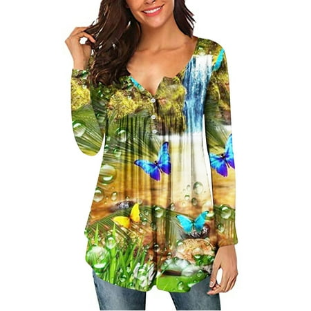 

Juebong Women s Long Sleeve Pleated Sweatshirts Vintage Button Down Tunic Tops Henley V Neck Swing Shirts Floral Print Ruffled Hem Blouses Loose Fit Workout Pullover Tops