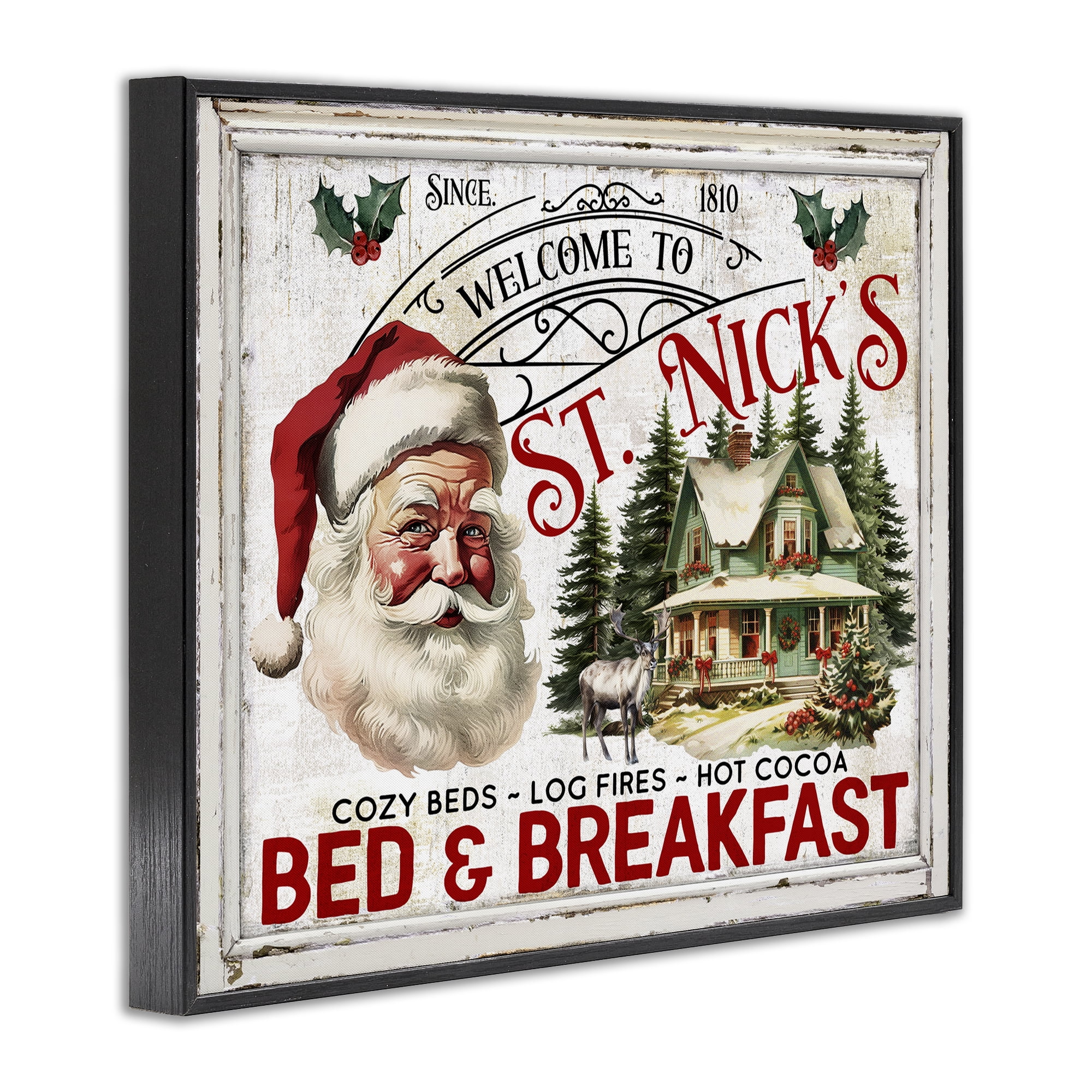 Stupell Industries St Nick's Bed & Breakfast Holiday Painting Black Framed Art Prints Wall Art, 30 x 24