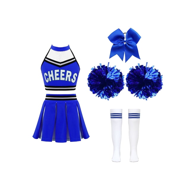 Xnihocha Girls Classic Cheerleading Team Uniform Mesh Splice Crop Top with Pleated Boxer Skirts Rooter Stage Suit A Blue 14