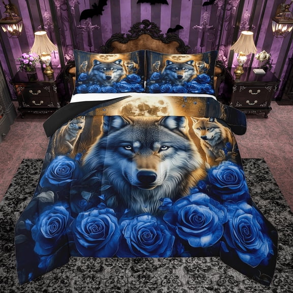 Homewish Jungle Wolf Family Bedding Comforter Set for Adult, Blue Rose Flower Floral Twin Comforter Sets, Western Bohemian Style Reversible Bedding Set, Lightweight Room Decor, 2-Piece