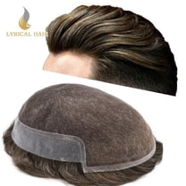 Lyricalhair French Lace Toupee for Men Hairpieces Mens Toupee Human Hair Replacement System Bleached Knots Lace with Poly Hair Wig Units 7"X9" #540 Medium Light Brown with 40% Gray