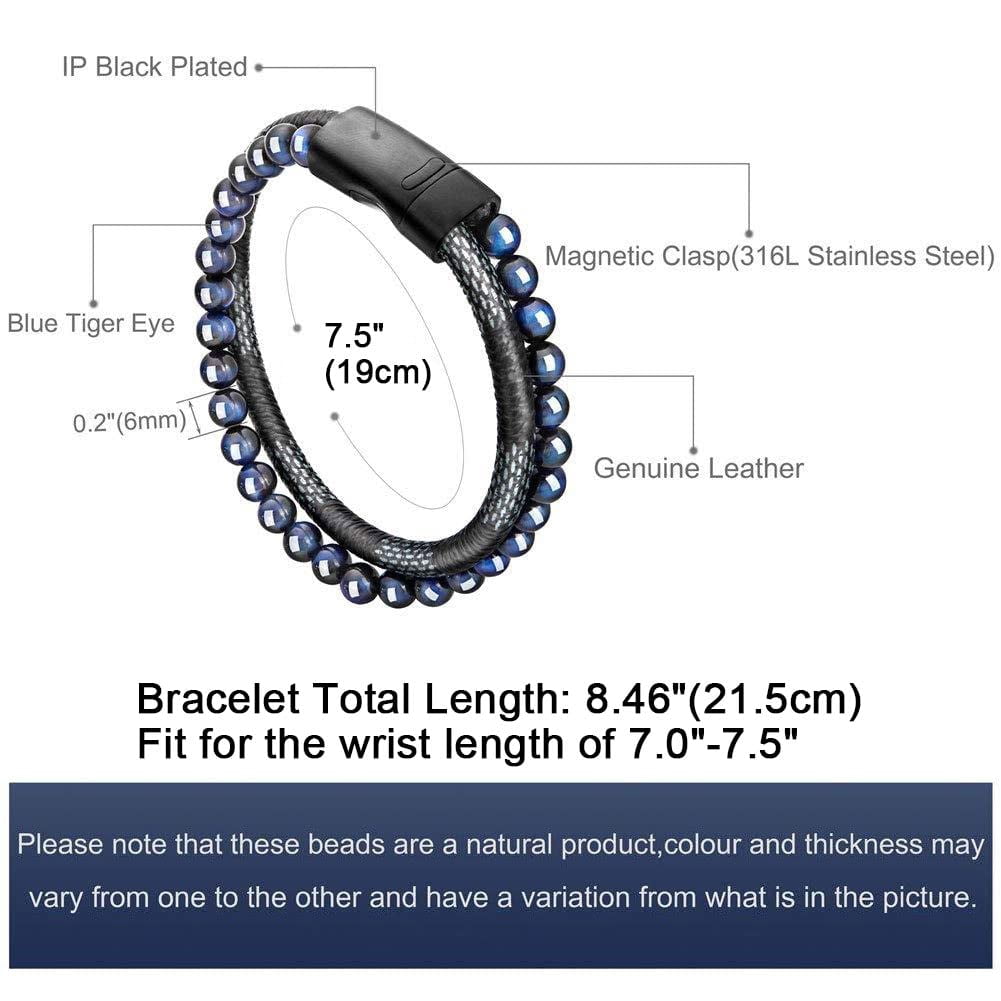murtoo Mens Leather Bracelet, Natural Bead, Steel and Leather Bracelet for Men Women Father's Day Valentine's Day Christmas Gift