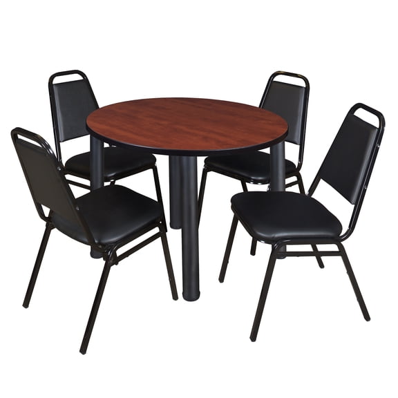 Romig Trek 36 in Round Breakroom Table- Cherry Top, Black Legs, 4 Restaurant Stack Chairs